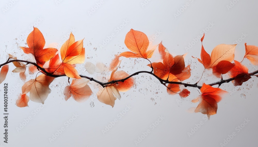Poster beautiful autumn leaves in vibrant colors of orange and red arranged artistically on a neutral backg