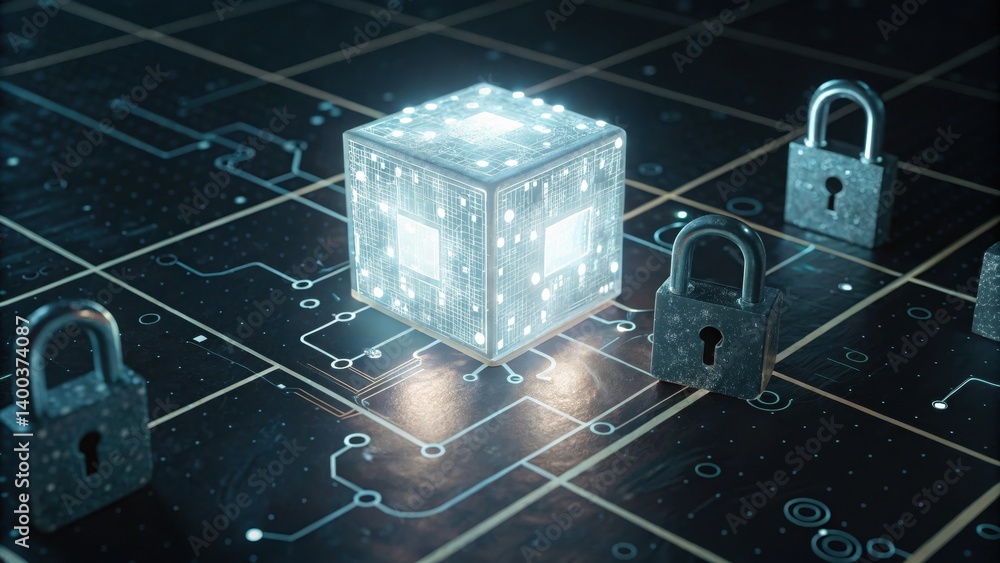 Poster futuristic digital cube surrounded by security locks on a circuit board.