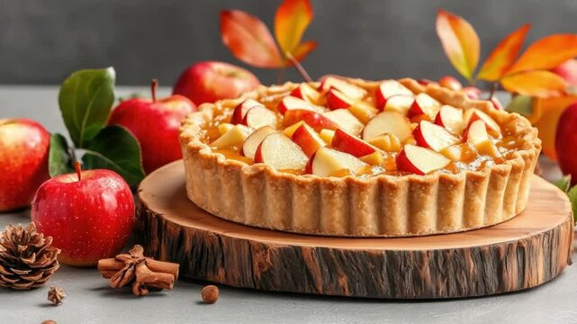Freshly Baked Apple Tart with Juicy Red Apples and Autumn Decor on Rustic Wooden Table