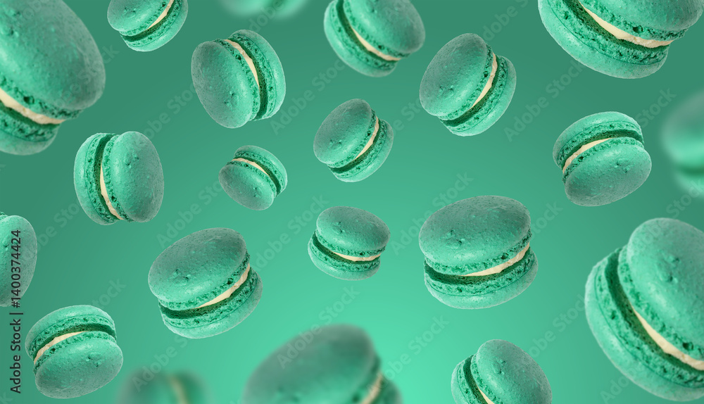 Poster mint green macarons with a light filling are falling or floating against a teal background. the maca