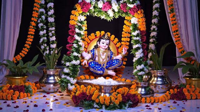 Colorful floral decorations around Lord Krishna statue for Krishna Janmashtami celebrations