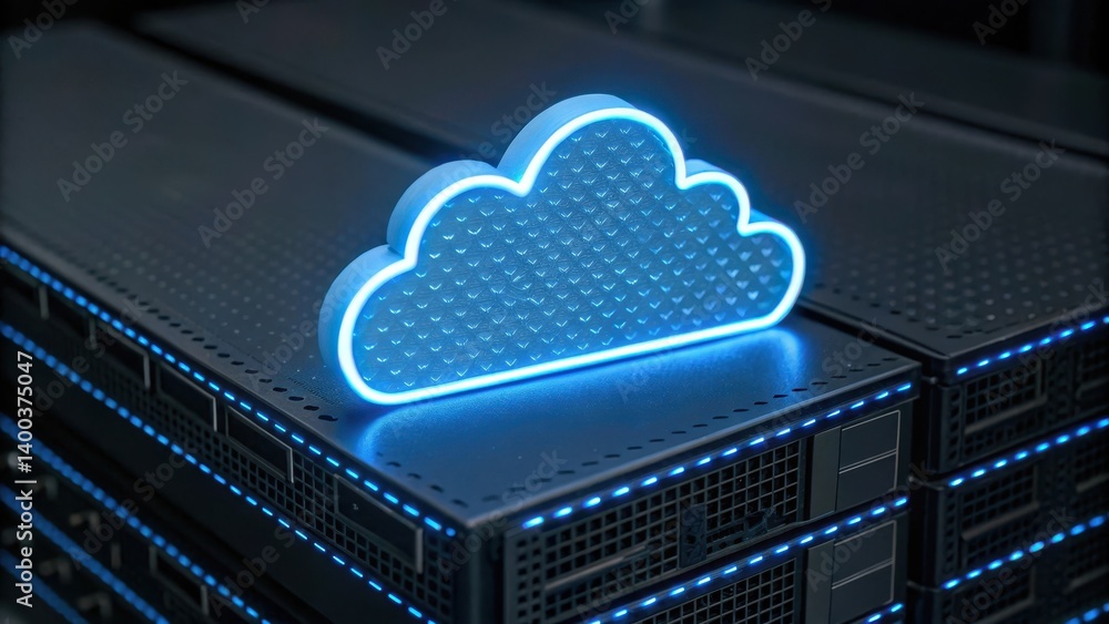 Poster glowing cloud symbol on data storage servers in a digital setting.