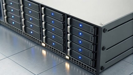 Data storage server with illuminated drives in a sleek design.