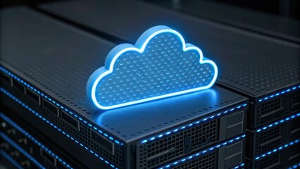 Glowing cloud symbol on data storage servers in a digital setting.