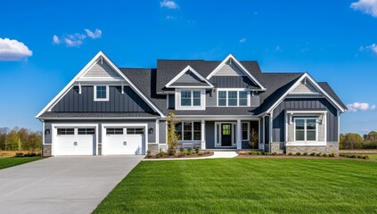 Spacious, modern farmhouse style home with gray siding, two-car garage, and manicured lawn