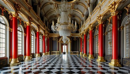 a lavishly decorated ballroom features red columns, ornate gold detailing, and a black and white checkered floor beneath a sparkling crystal chandelier.