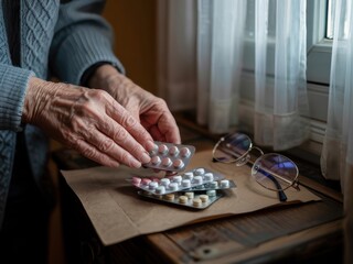 Fototapeta premium Sorting medication packages on a wooden table near sunlight with glasses on a paper mat