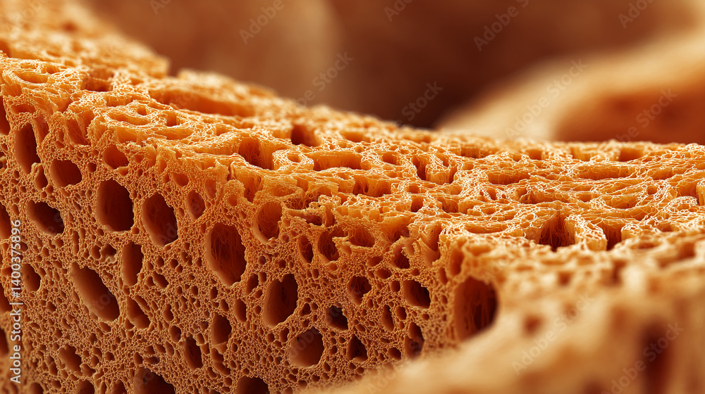 Poster close-up of porous orange texture, showing intricate network of holes and strands, creating a comple