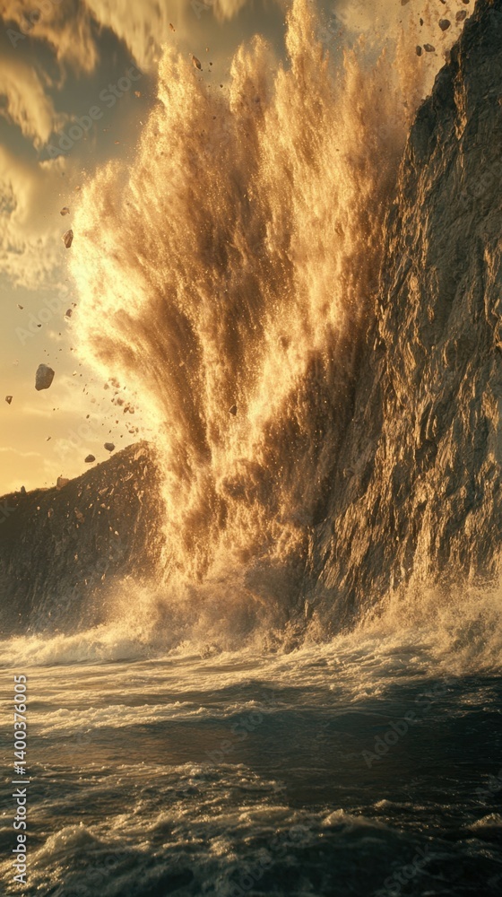 Poster dramatic golden light illuminates a powerful rockslide cascading into ocean waves against a cloudy s