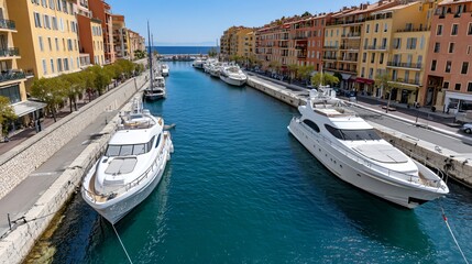 Fototapeta premium Scenic waterfront view with yachts in a beautiful marina lined with colorful buildings, clear blue sky