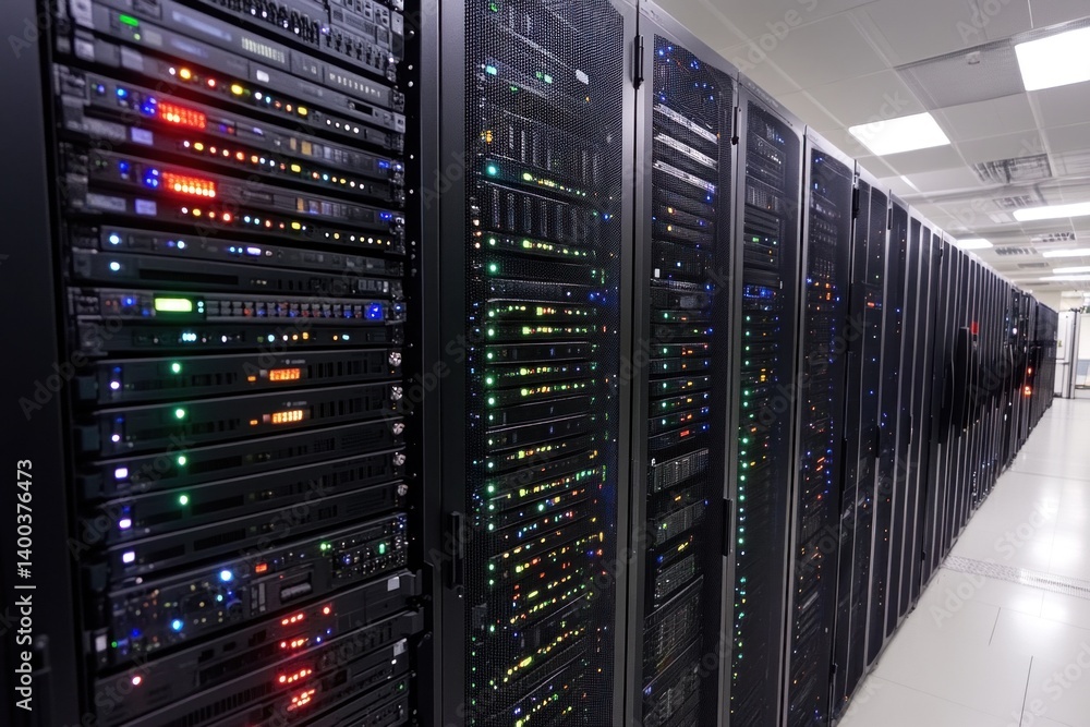 Poster rows of server hardware housed in a data center showcase extensive cloud computing capabilities and 