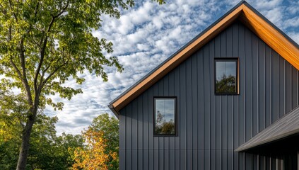 Modern farmhouse exterior with dark siding and warm accents