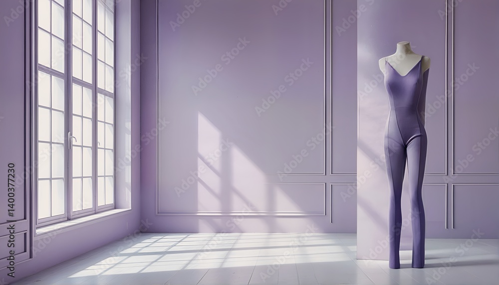 Poster a monochromatic purple room features a mannequin displaying a sleek jumpsuit illuminated by sunlight
