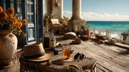 Serene Coastal Retreat with Refreshing Drink and Summer Essentials on Rustic Table by the Ocean