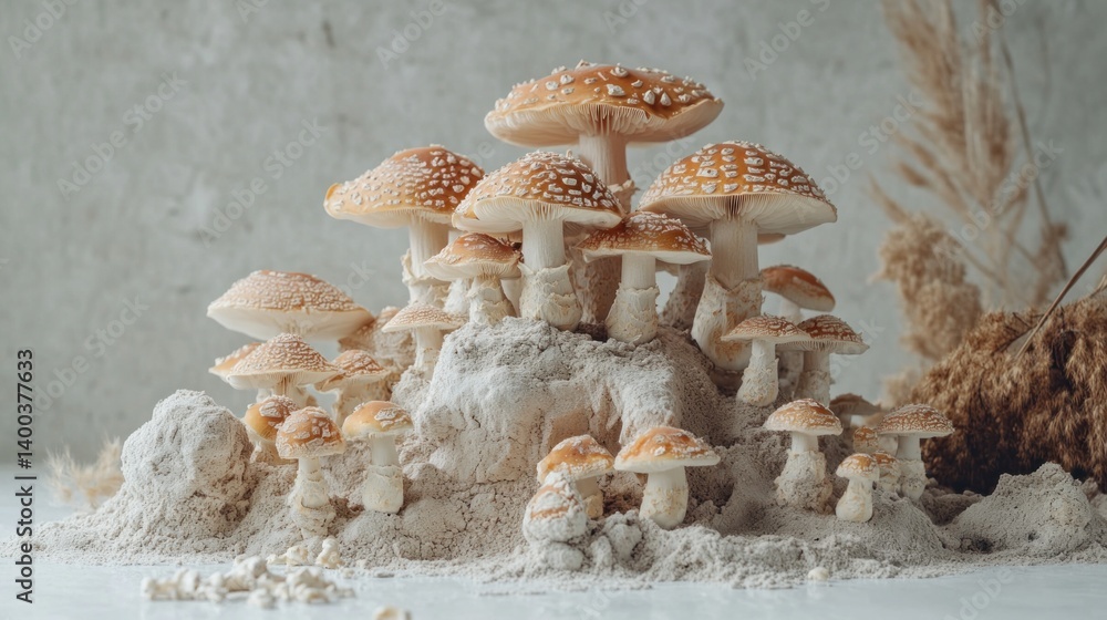 Poster a detailed view of a group of shimeji mushrooms arranged on a textured surface highlights their uniq