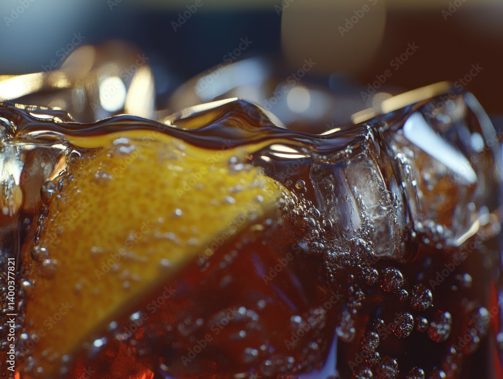 Aufkleber refreshing cola drink with ice cubes and lemon slice capturing the essence of summer refreshment and