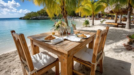 Romantic Beachside Table Set for Two Surrounded by Palm Trees and Scenic Ocean View in Sunny Paradise