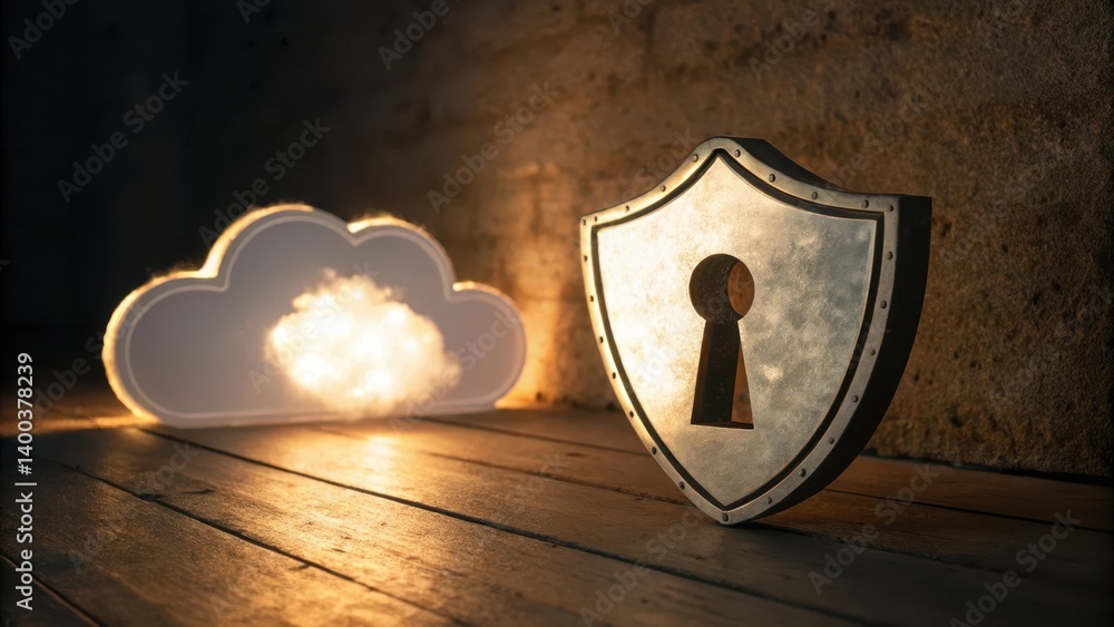 Aufkleber digital security concept with a cloud and a shield symbolizing protection.