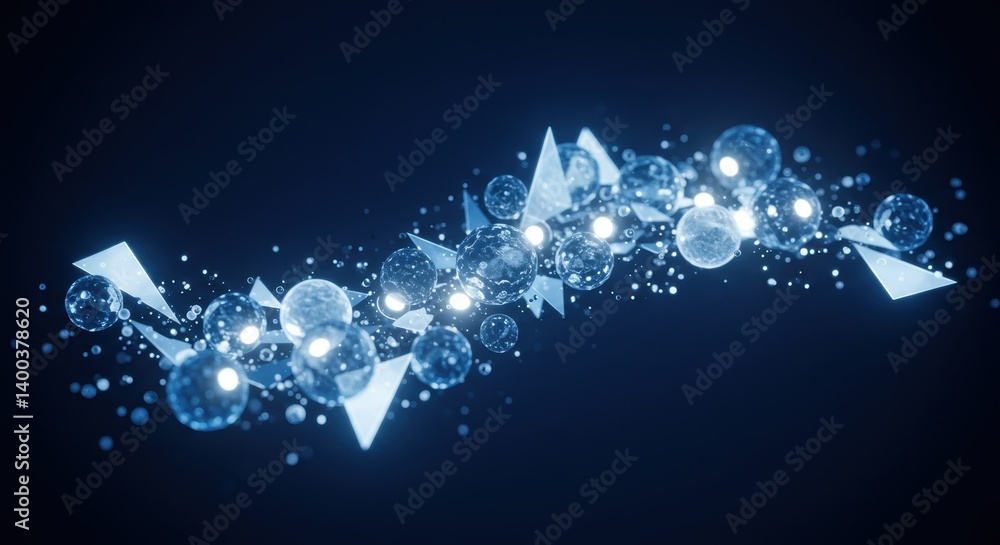 Aufkleber abstract blue digital particles and geometric shapes flowing dynamically in dark space