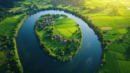 Aerial view of a picturesque village nestled on a river island, surrounded by lush green fields.