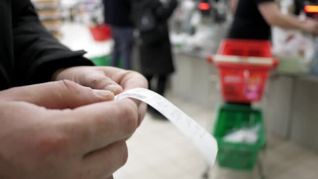 Buyer in the store checking the shopping receipt. Man checking expenses bill from grocery supermarket. Finance budget for food. family budget economy. Financial crisis. Vertical format