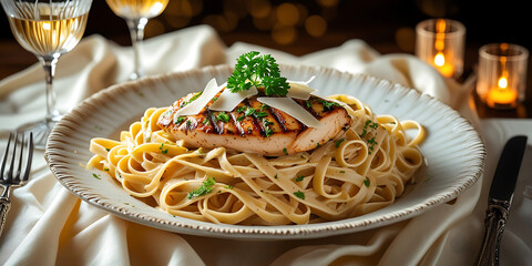 Plate of creamy fettuccine pasta with grilled salmon and fresh herbs