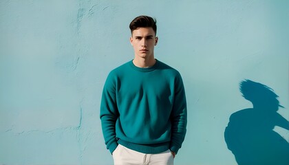 a young man with short dark hair gazes directly at the viewer while wearing a teal sweater and standing against a textured light blue wall with a dramatic shadow cast beside him.