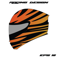 Stylized racing helmet design featuring bold orange and black tiger stripes on a white background