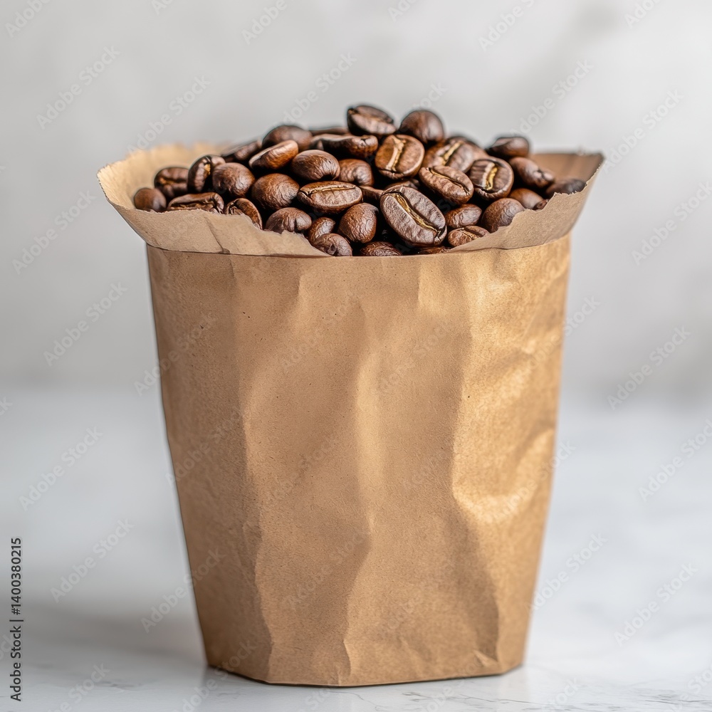 Poster aromatic coffee beans overflowing from a rustic brown paper bag on a marble surface creating a warm 