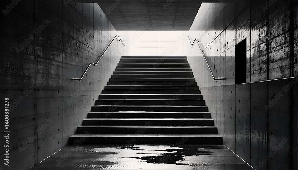 Poster a stark monochrome photograph depicts a concrete staircase leading upwards towards a bright, undefin
