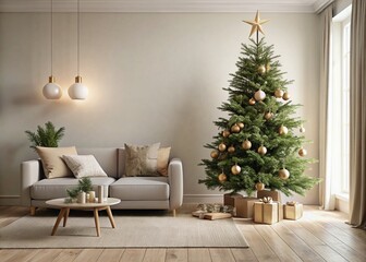Minimalist Christmas Tree in Cozy Living Room - Festive Holiday Decor