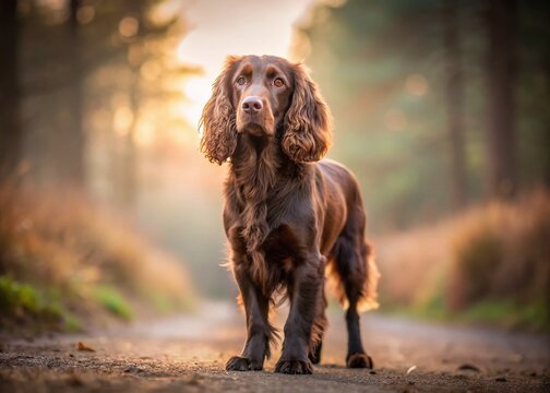 Minimalist Boykin Spaniel Dog Full Body, Blurred Countryside Background
