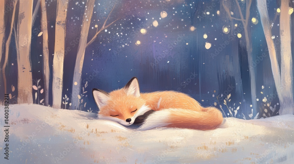 Aufkleber sleeping fox nestles in a gentle forest beneath a starlit sky with soft pastels and lapki tones