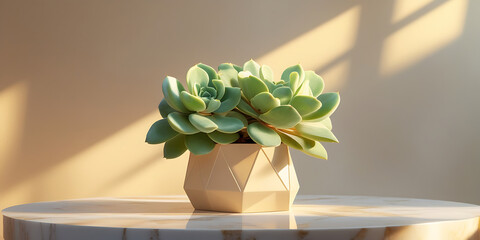 Geometric cream planter with lush succulent arrangement on marble table in warm sunlight