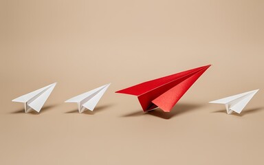 Leadership and Innovation – Red Paper Plane Ahead of the Pack on Beige Background