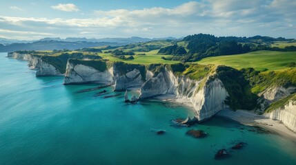 Obraz premium Aerial view of dramatic coastal cliffs, turquoise ocean, and lush green hills under a bright sky.