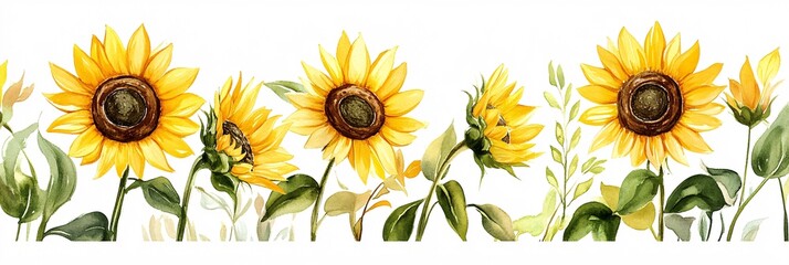 Delicate Watercolor Depiction of Sunflower Flowers on White Background