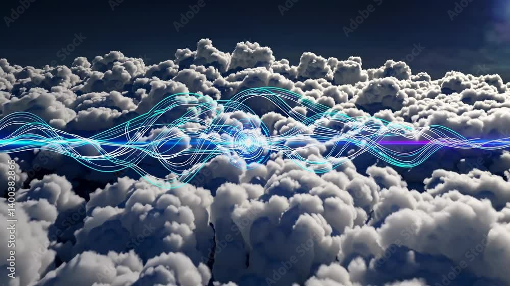 Poster aerial video of fluffy clouds with dynamic blue light waves. captured from a high angle, creating a 