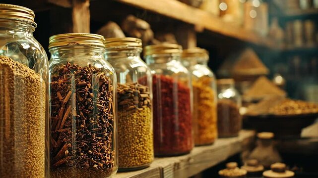 Glass jars filled with various dried spices and herbs on wooden shelves