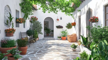 Naklejka premium Charming Mediterranean Courtyard with Lush Greenery and Stone Pavement in a Tranquil Setting for Relaxation and Peaceful Retreat