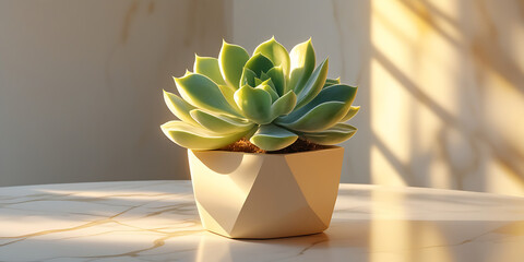 Vibrant green succulent in a geometric cream pot on marble table with natural light
