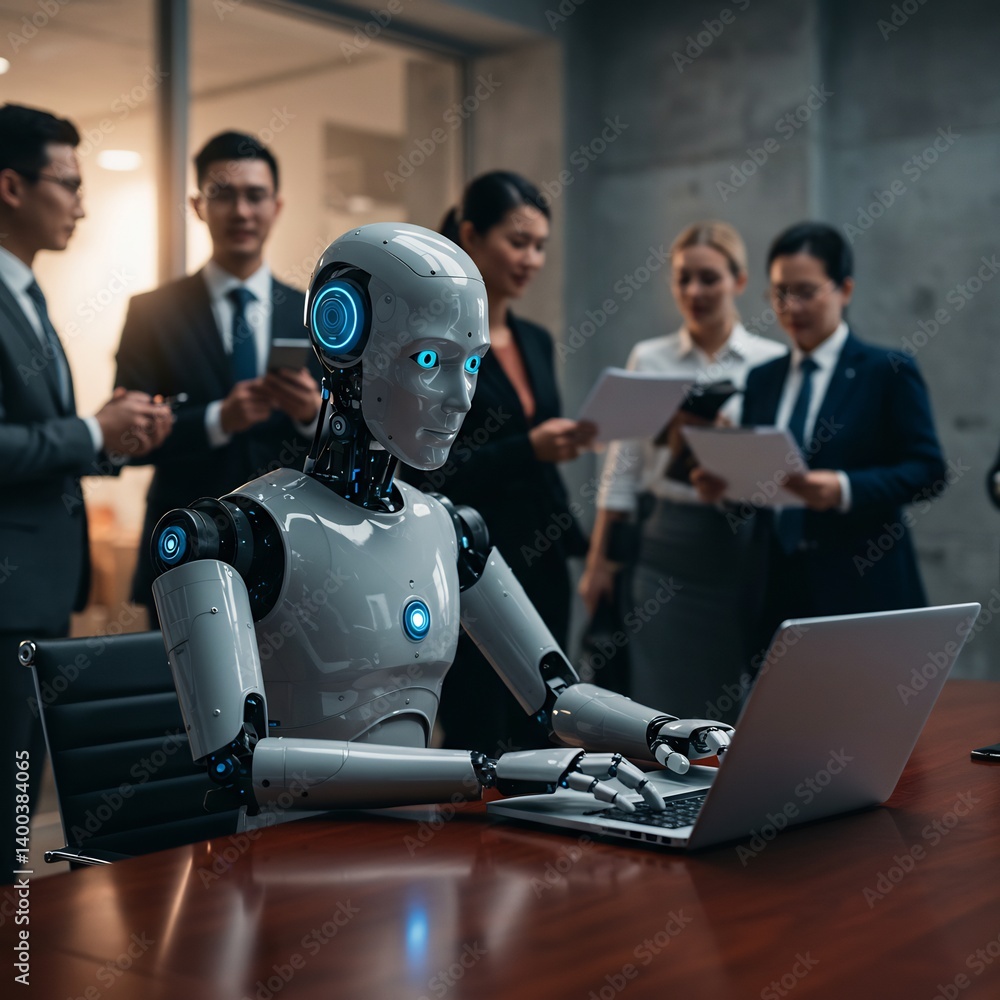 Poster a sophisticated robot working on a laptop in a modern office setting, surrounded by a group of colle