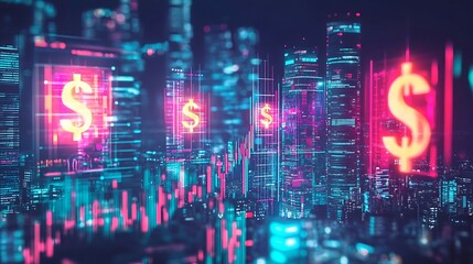 A futuristic cityscape overlaid with financial data, displaying dollar signs and market trends.