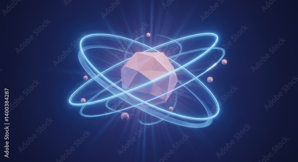 Poster abstract atom model: glowing orbits and polygonal nucleus 3d render