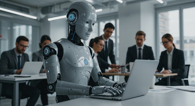 An advanced robotic assistant working in a modern office environment surrounded by business people. The robot is interacting with a laptop.
