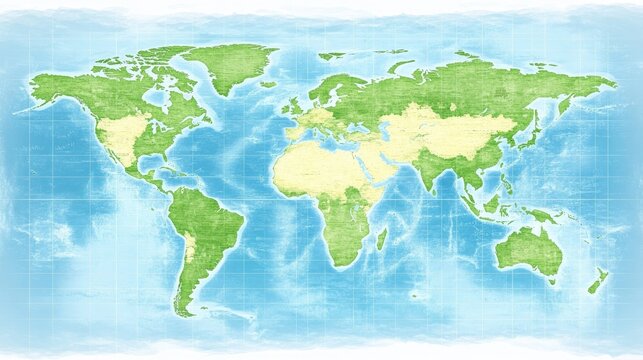World map, shaded relief, light watercolor style