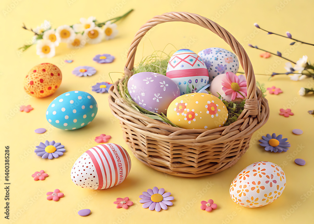 Fototapete Happy Easter Day Decoration Colorful Eggs in a Nest on a Paper Background
