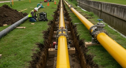 Installation of Bright Yellow Gas Pipeline with Worker and Portable Generator