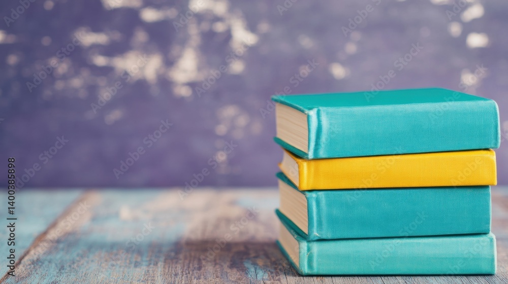 Poster a stack of green books topped with a yellow book is arranged neatly on a wooden desk. the textured b