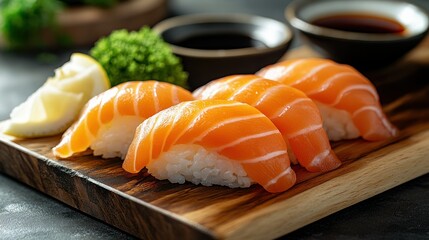 Fresh salmon sushi on wooden board